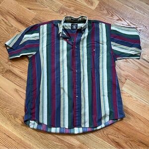 Short-Sleeve Vertical Stripe Button-Down Shirt - Multicolor